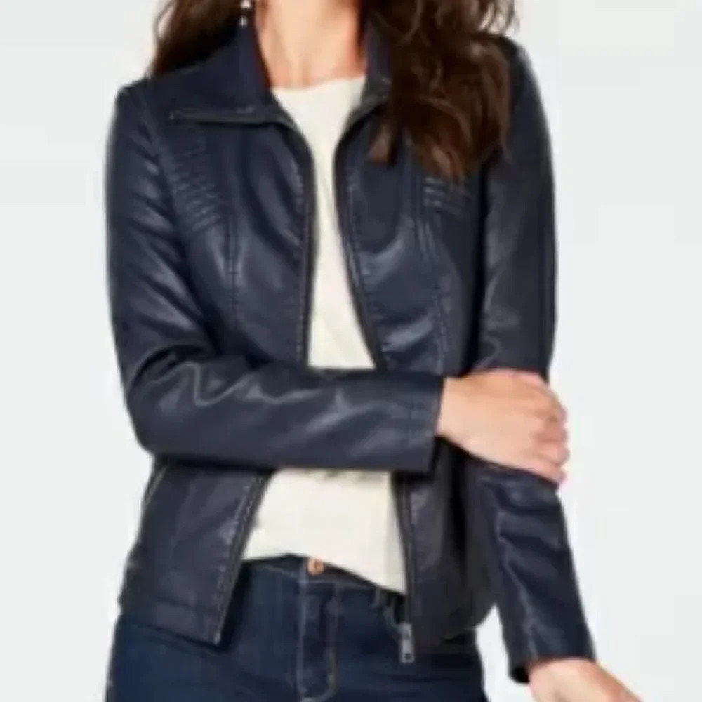 style & co faux leather moto jacket small  blue
